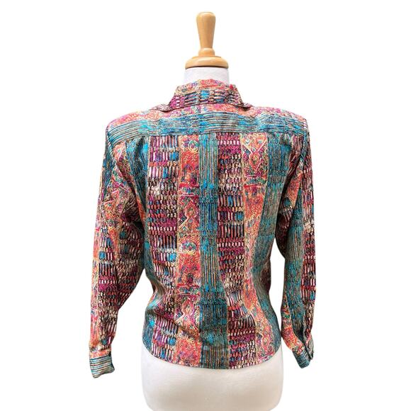 VTG Shirt Sz M Abstract Geometric Shimmer Tie Front Button Retro Funky Western - Picture 7 of 13